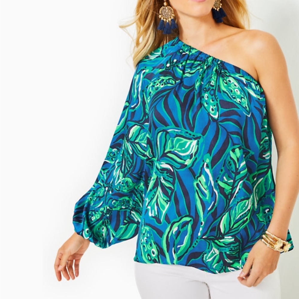 NWT Lilly Pulitzer Sz L Adorlee One-Shoulder Top in Indigo Breeze Shady Gator
